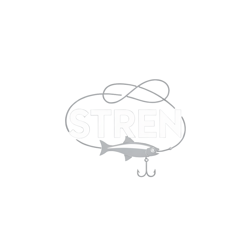 Siren fishing logo featuring stylized fish silhouette with fishing hook surrounded by flowing line design on light background